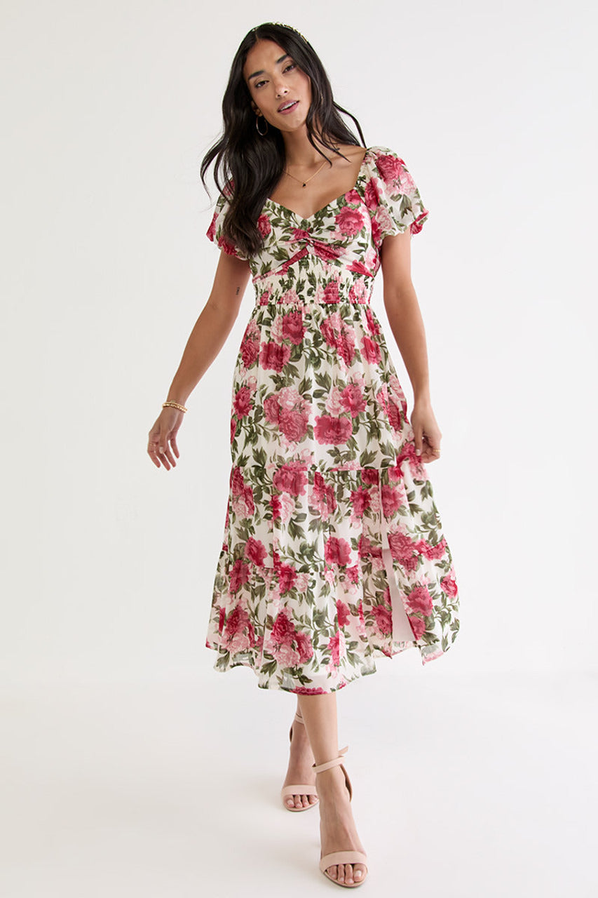 Francesca's Judy Twist Front Floral Tiered Midi Dress