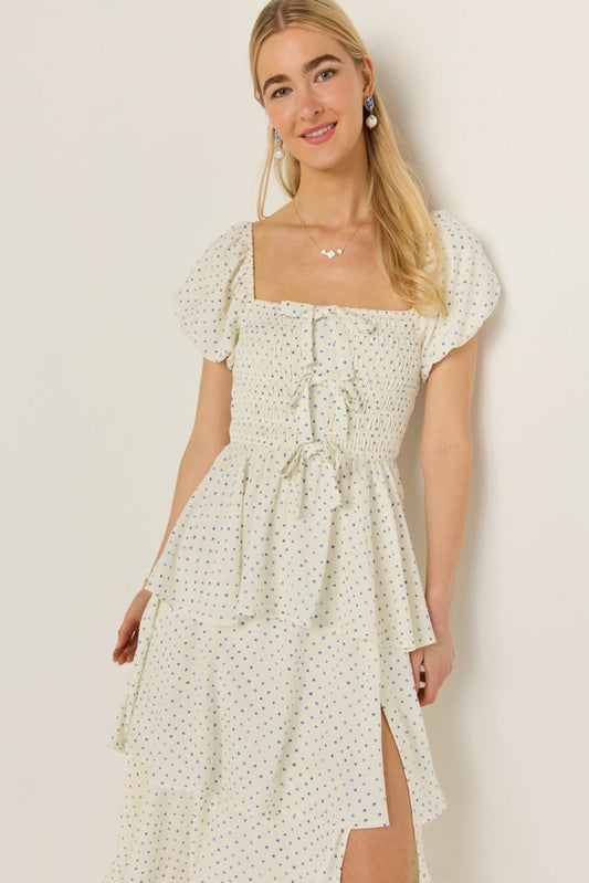 Francesca's Sophie Bow Front Smock Tiered Midi Dress