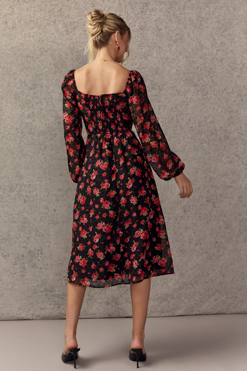 Francesca's Sharon Flocked Heart Floral Midi Dress