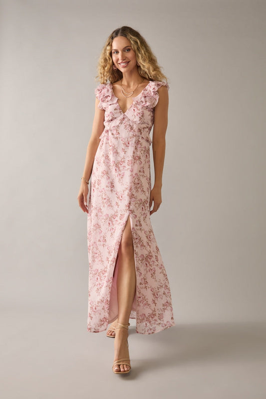 Francesca's Marie Flutter Shoulder Bow Back Floral Maxi Dress