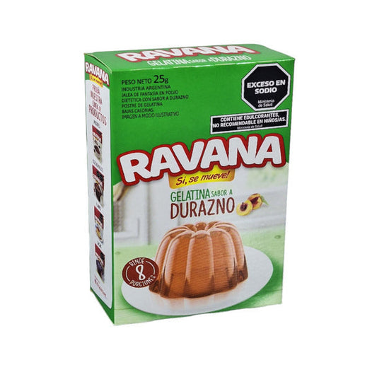 Pampa Direct Ravana Diet Peach Flavored Gelatin, Low Calorie Easy to Prepare, Serves 8 Portions Gelatina Dietética Sabor a Durazno, 25 g / 0.88 oz