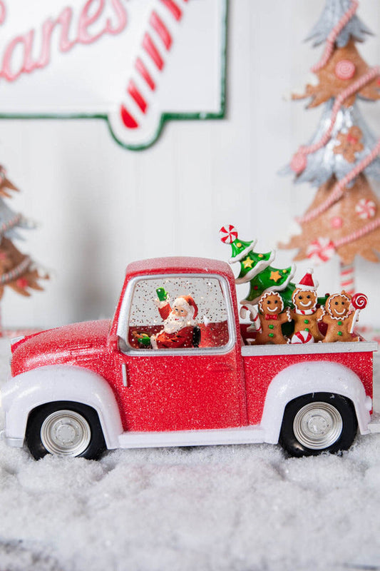 Decorator's Warehouse 11.5” B/O Lighted Water Globe Red Truck with Gingerbread Family