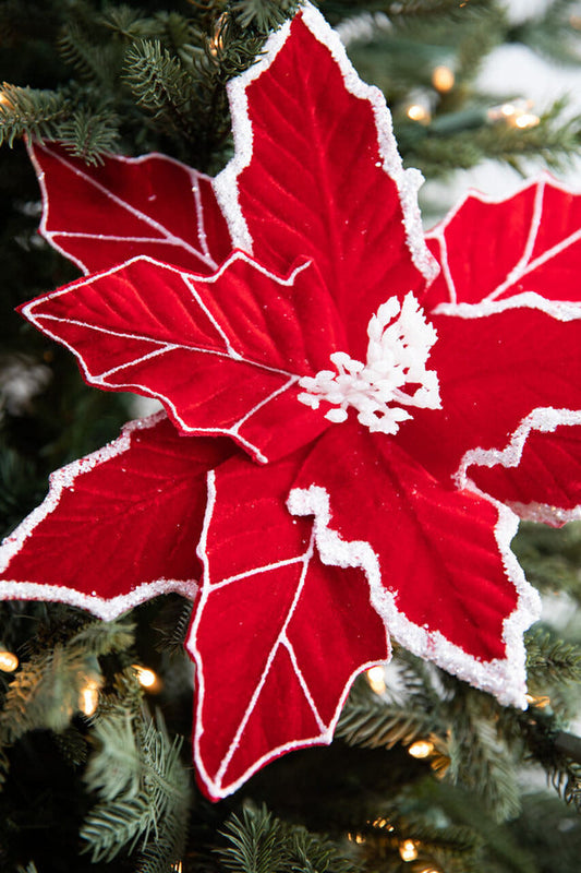 Decorator's Warehouse 22” x 13" Red/White Velvet Glitter Poinsettia