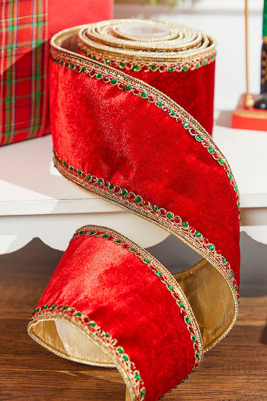 Decorator's Warehouse 4" x 5 Yard Red Velvet Jeweled Edge Dupioni Backed Ribbon