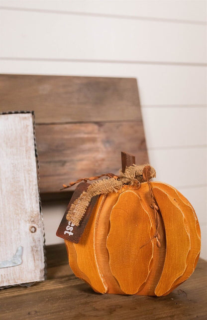 Decorator's Warehouse 8” Wood Harvest Pumpkin with Burlap Bow and Berry Accents