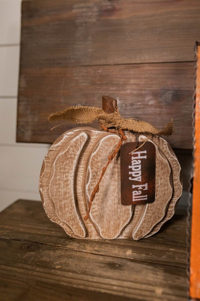 Decorator's Warehouse 8” Wood Harvest Pumpkin with Burlap Bow and Berry Accents