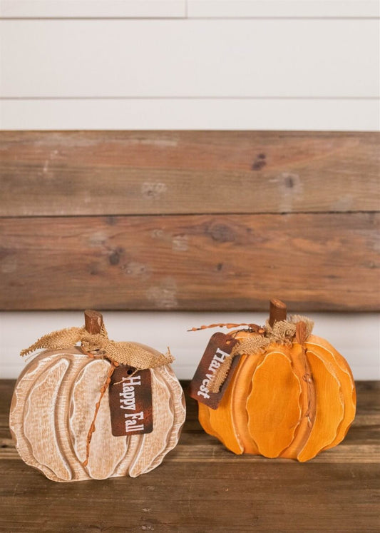 Decorator's Warehouse 8” Wood Harvest Pumpkin with Burlap Bow and Berry Accents