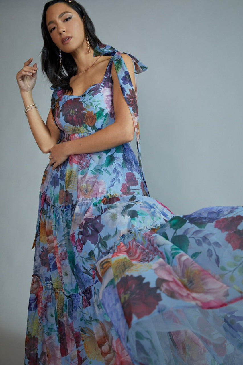 Francesca's Ivanna Tie Strap Tiered Floral Maxi Dress