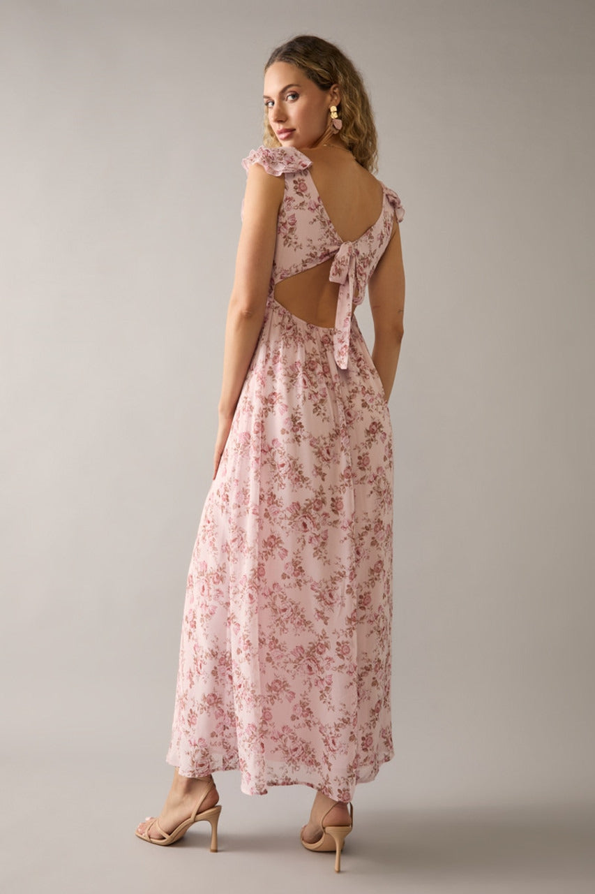 Francesca's Marie Flutter Shoulder Bow Back Floral Maxi Dress