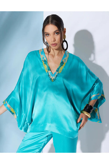 Natori Key Essentials Embroidered Kimono Sleeve Silk Top