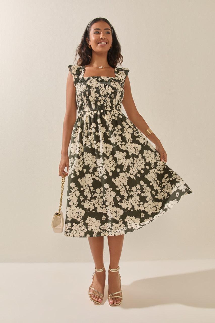 Francesca's Marcia Floral Ruffle Strap Midi Dress