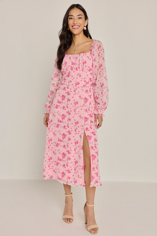 Francesca's Carla Clip Dot Floral Bow Back Midi Dress