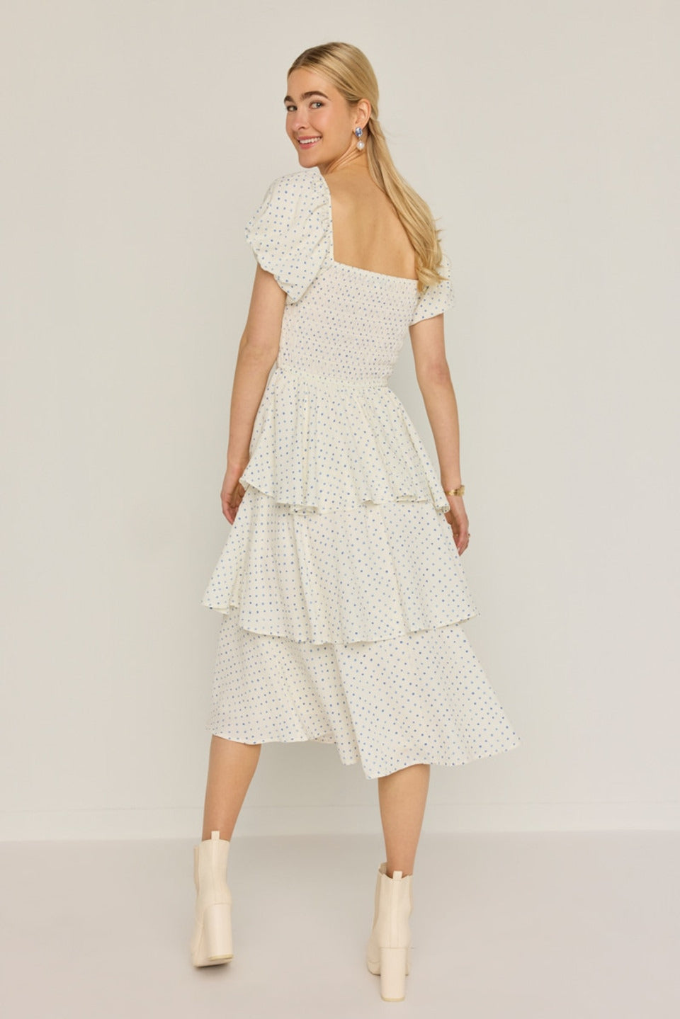 Francesca's Sophie Bow Front Smock Tiered Midi Dress