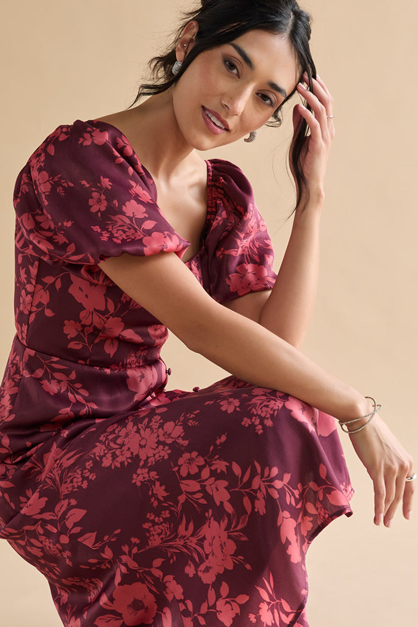 Francesca's Nettie Puff Sleeve Floral Satin Midi Dress