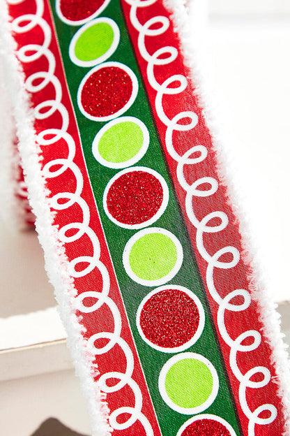 Decorator's Warehouse 2.5" x 10 Yard Stripe Glitter Circle Drift Ribbon — Red/Green