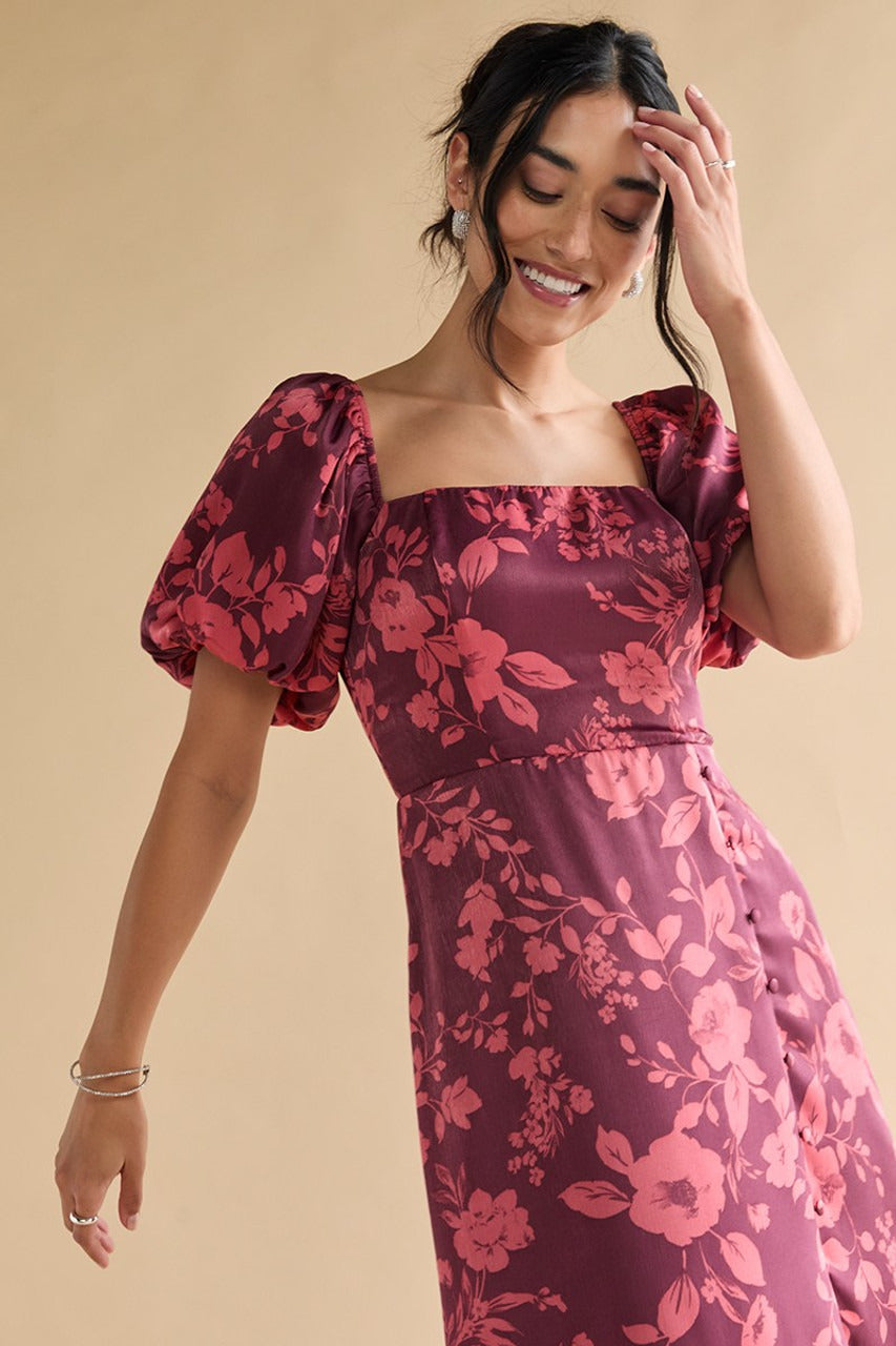 Francesca's Nettie Puff Sleeve Floral Satin Midi Dress