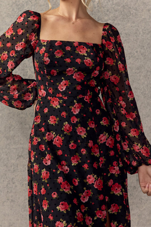 Francesca's Sharon Flocked Heart Floral Midi Dress