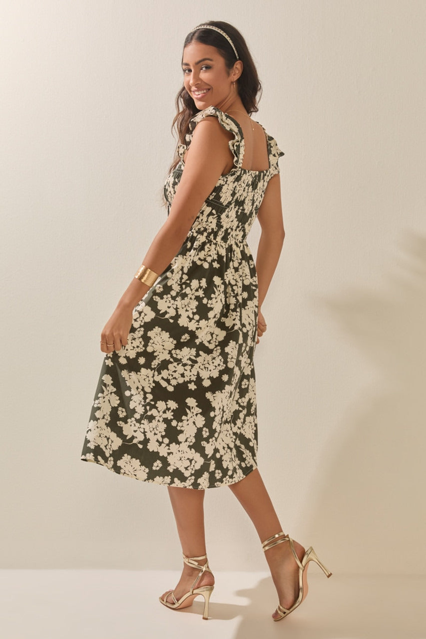 Francesca's Marcia Floral Ruffle Strap Midi Dress