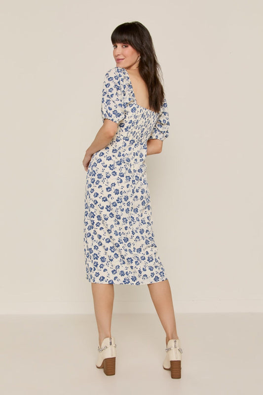 Francesca's Natasha Puff Sleeve Side Slit Midi Dress